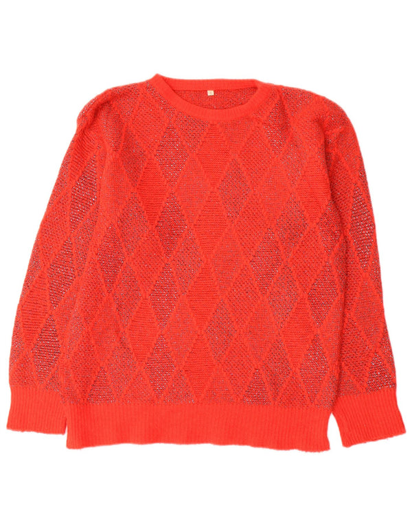 Vintage mujer cuello redondo jersey suéter Reino Unido 10 pequeño rojo Argyle/Diamond