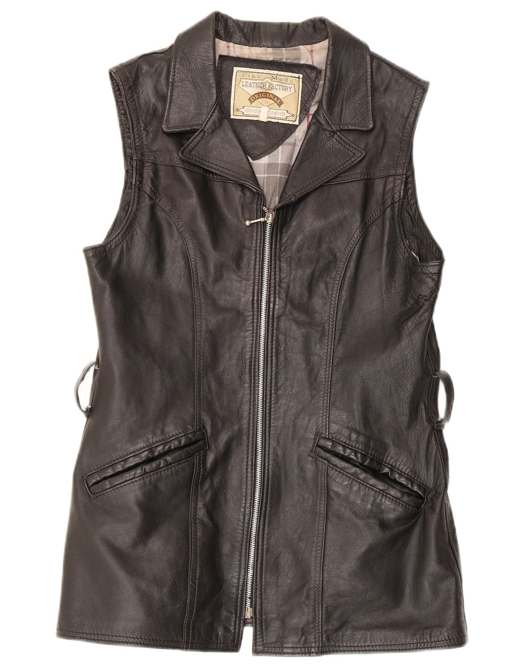 Vintage mujer cuero Gilet Reino Unido 14 cuero negro grande