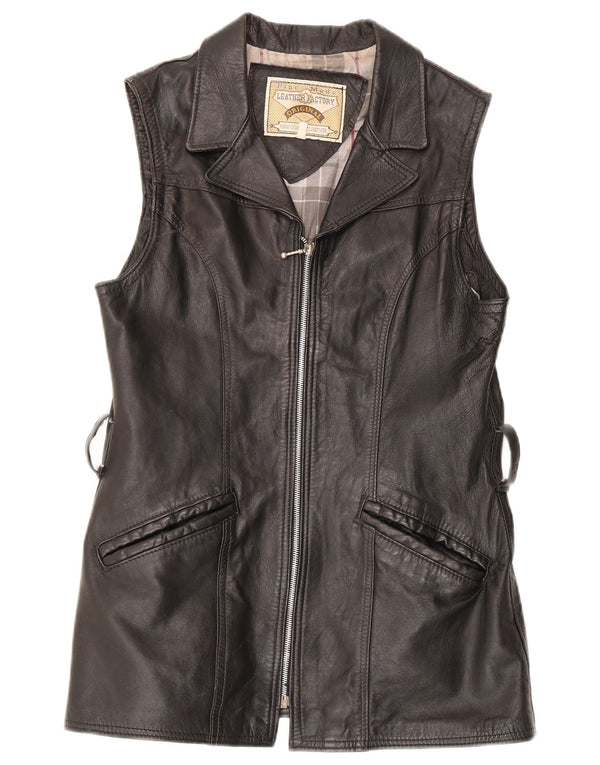 Vintage mujer cuero Gilet Reino Unido 14 cuero negro grande