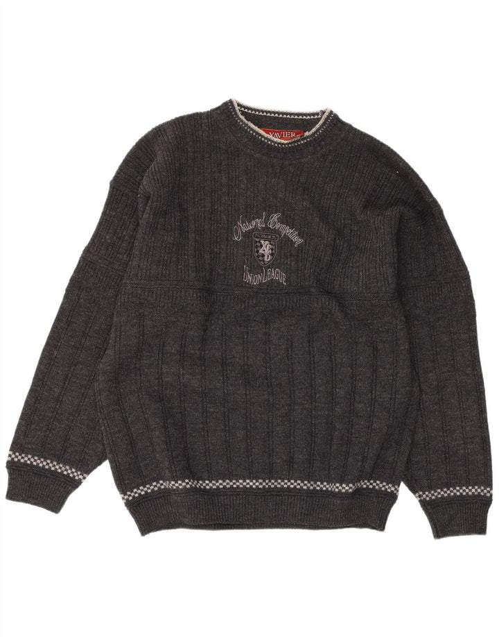 Xavier Mens Graphic Crew Neck Jumper Sweater Grande Gris Lana