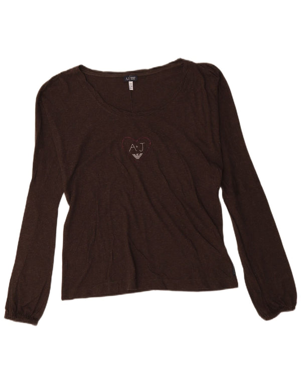 Armani Jeans Mujer Gráfico Top Manga Larga UK 46 Grande Marrón Algodón