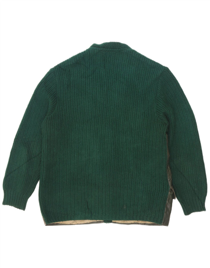 Vintage hombres cuero cardigan suéter EU 50 verde medio