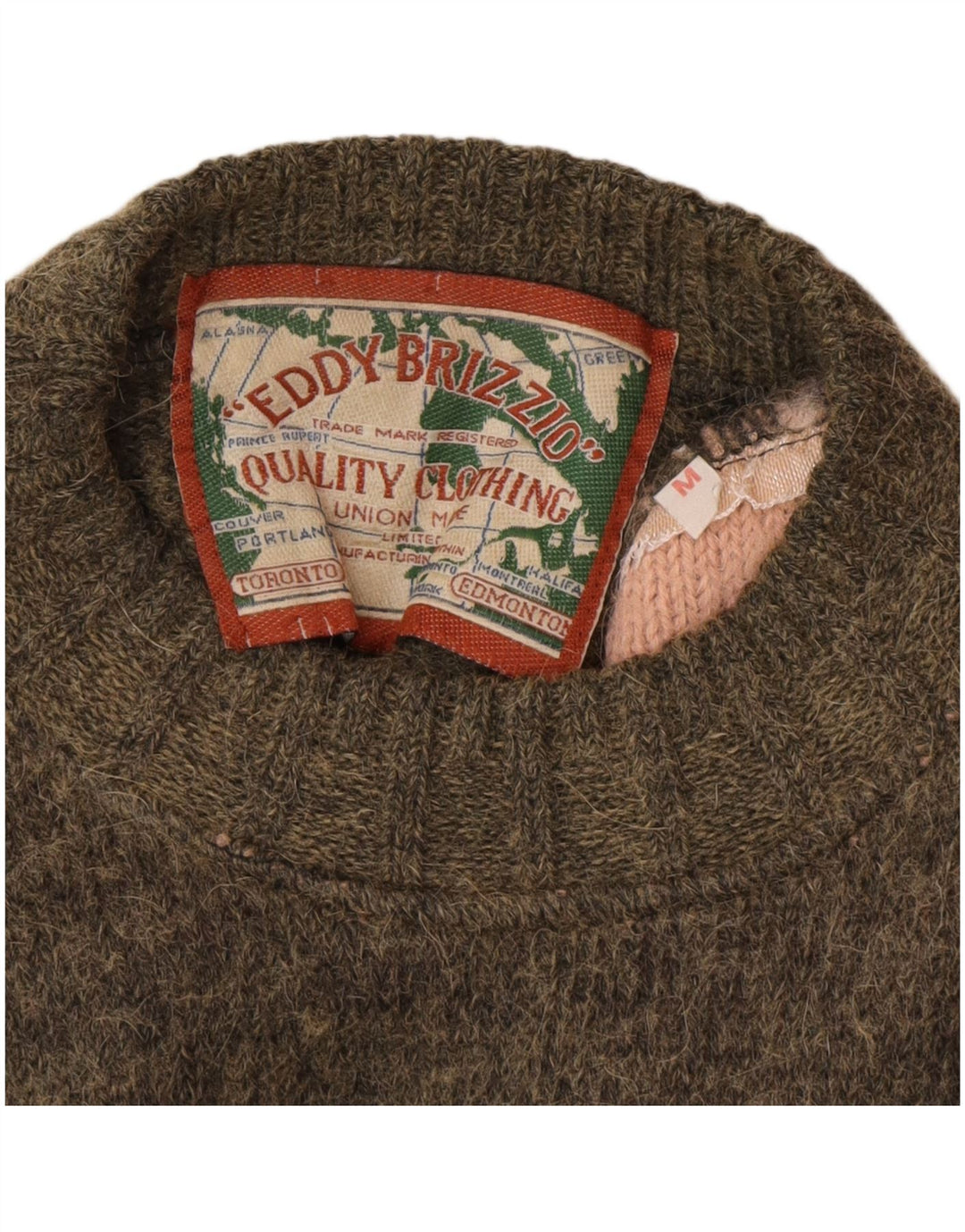 Vintage hombres cuello redondo jersey suéter medio caqui feria isla