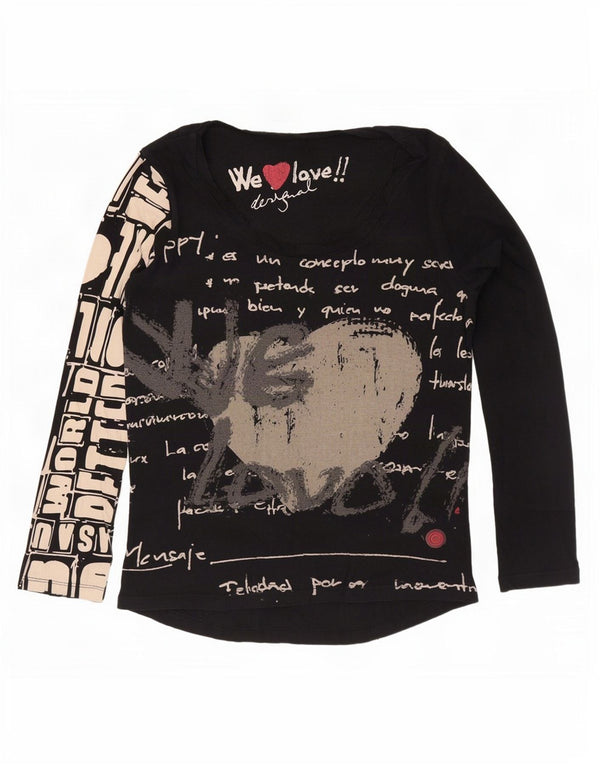 Desigual Mujer Gráfico Top Manga Larga Reino Unido 12 Medio Negro Algodón