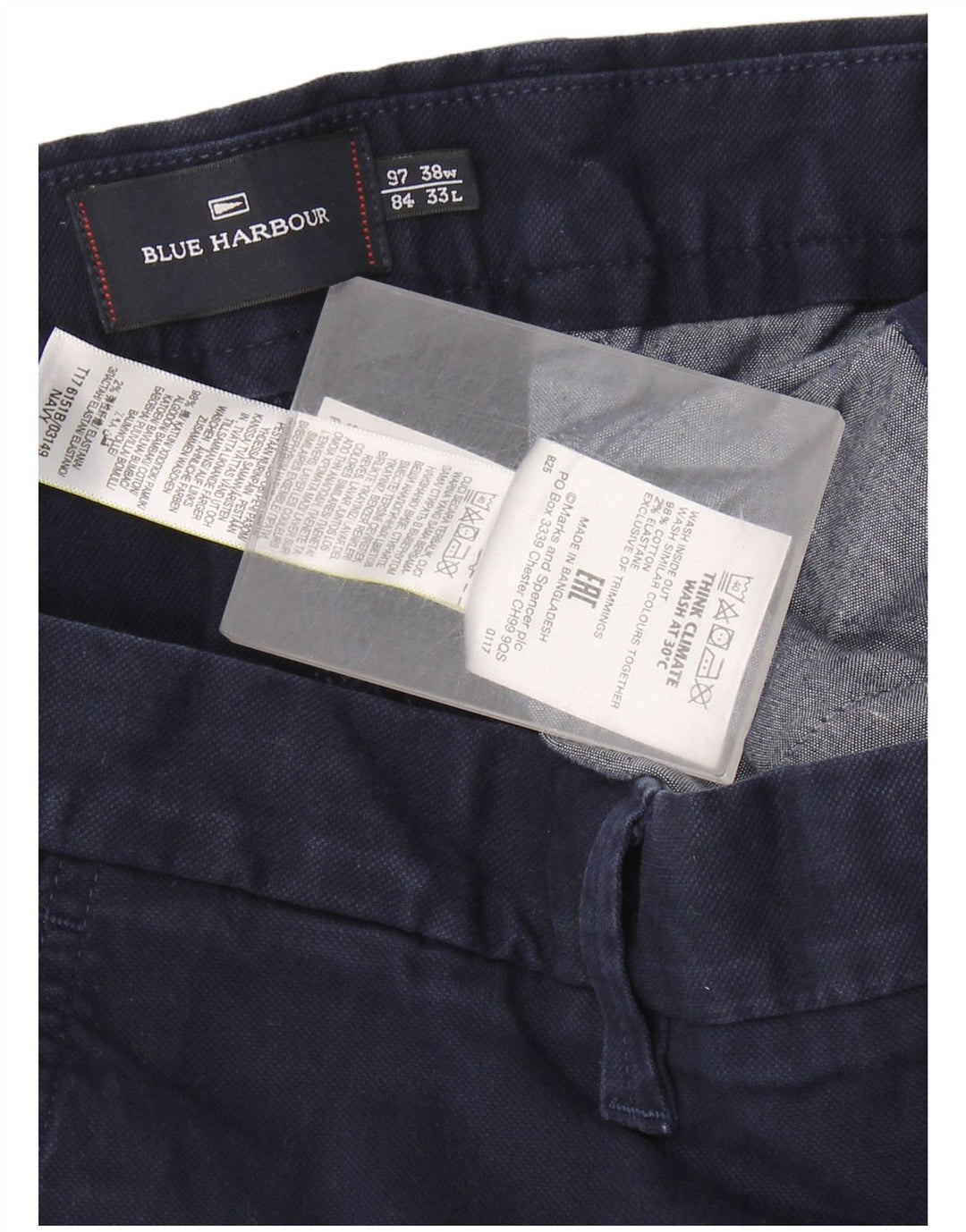 Marks & Spencer Pantalón chino azul Harbor para hombre W38 L33 Algodón azul marino