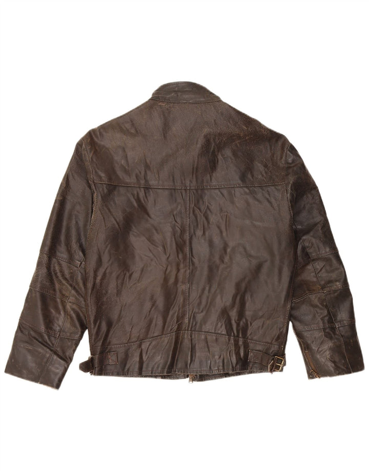 VINTAGE Chaqueta de cuero de manga 3/4 para mujer Reino Unido 14 Cuero marrón medio