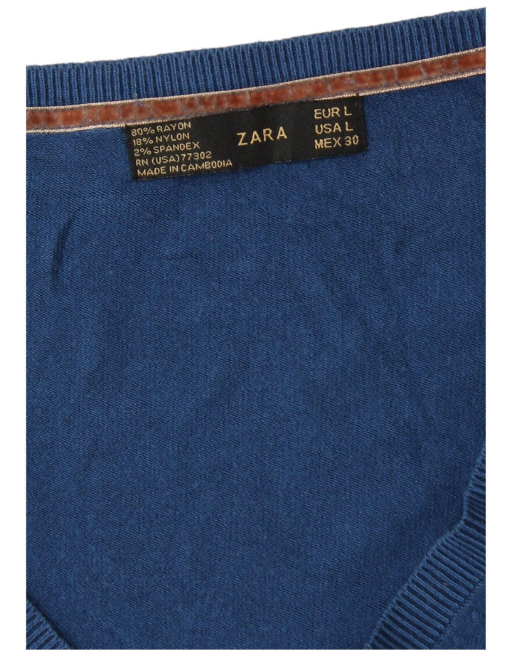 Zara - Jersey con cuello en V para mujer, talla 40, talla grande, rayón azul
