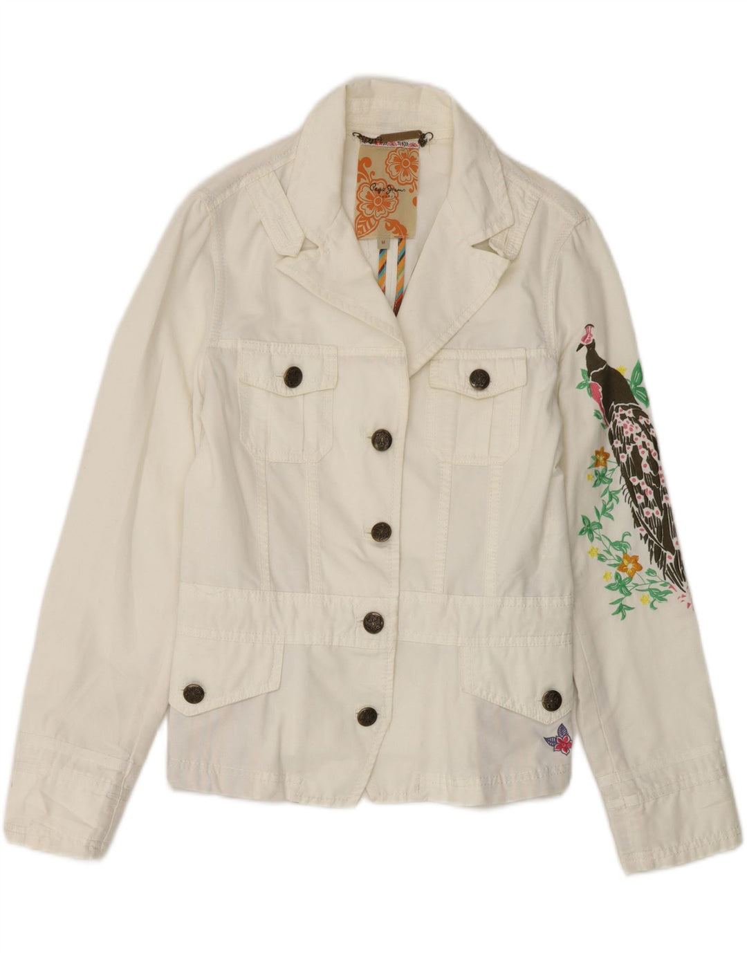 PEPE JEANS Womens Graphic Denim Jacket UK 12 Medium Off White Cotton Vintage PEPE Jeans and Second-Hand PEPE Jeans from Messina Hembry 