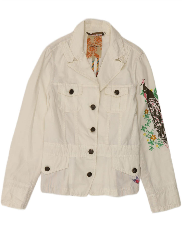 PEPE JEANS Womens Graphic Denim Jacket UK 12 Medium Off White Cotton Vintage PEPE Jeans and Second-Hand PEPE Jeans from Messina Hembry 