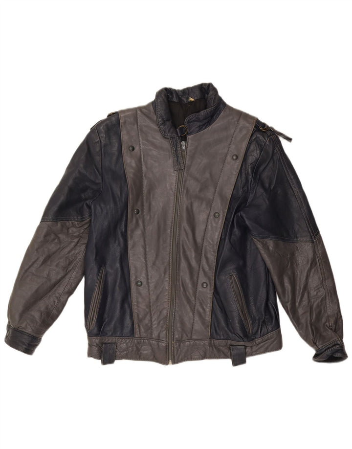 VINTAGE Chaqueta de cuero para mujer Reino Unido 14 Bloque de color gris medio