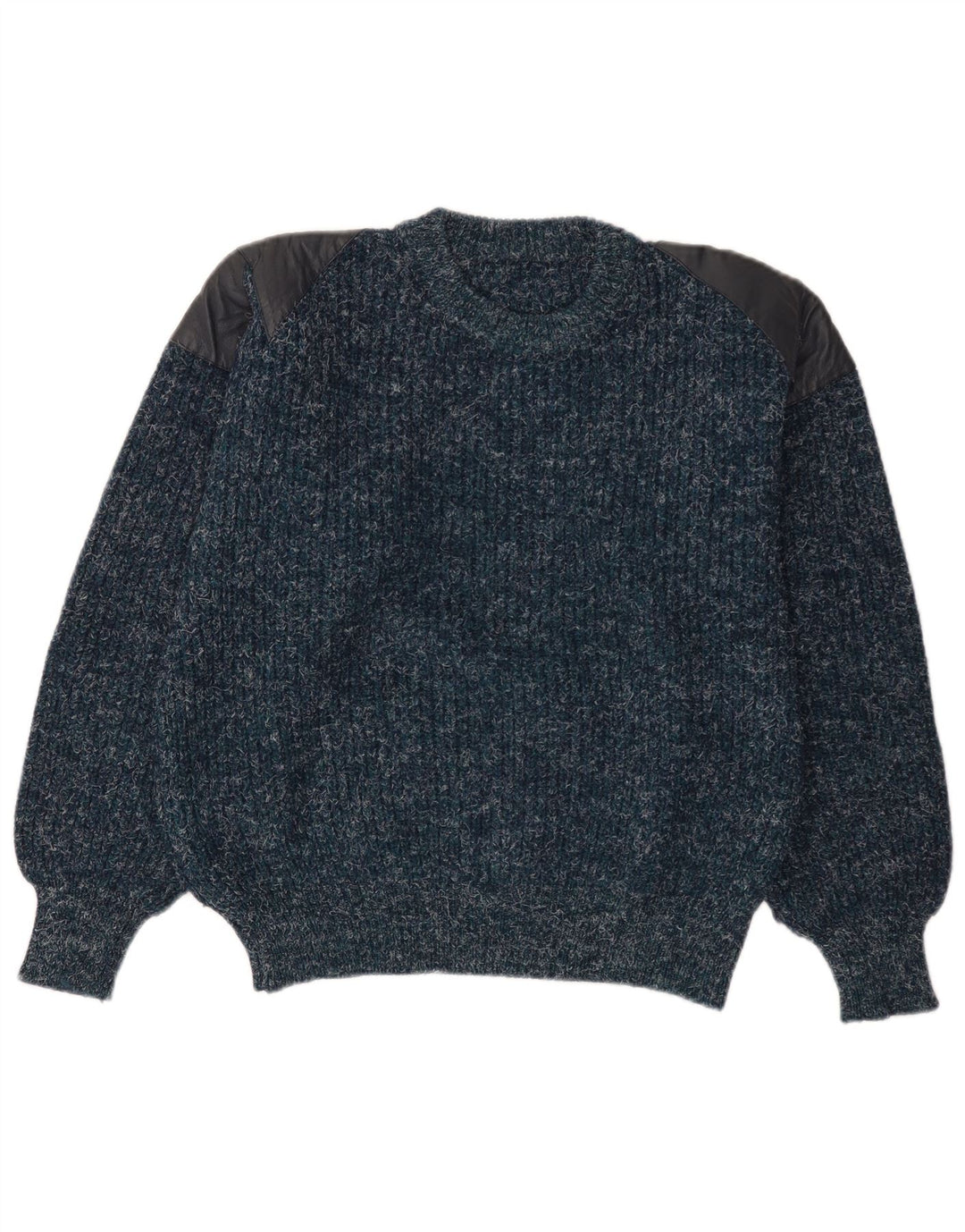 Vintage hombres cuello redondo jersey suéter medio azul marino lana moteada
