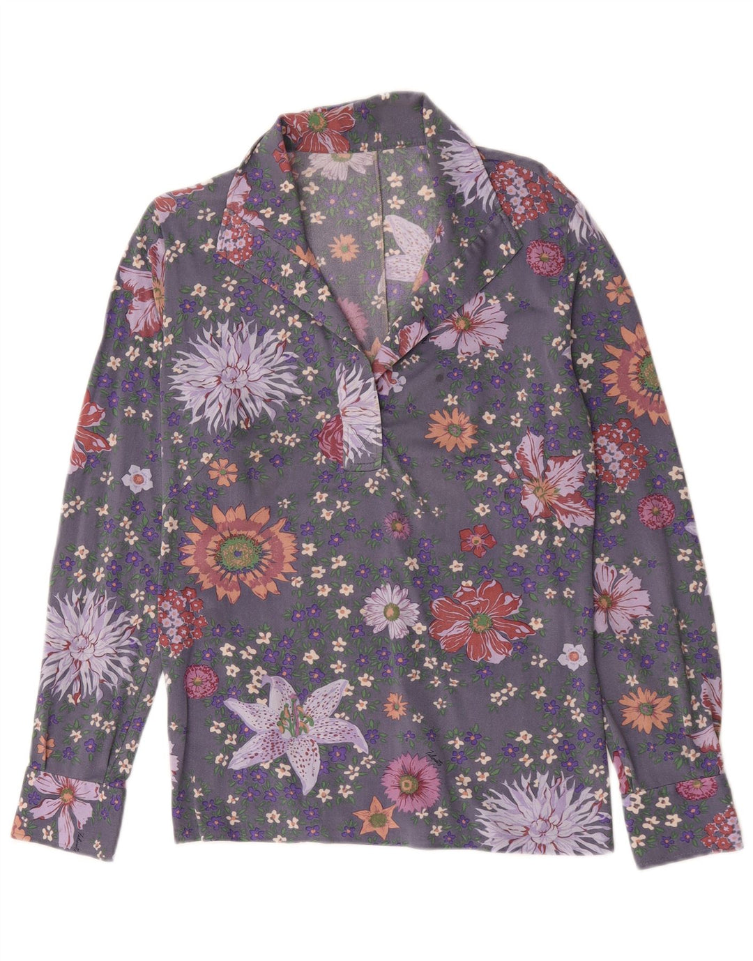 Vintage mujer manga larga pullover camisa Reino Unido 14 gris medio floral