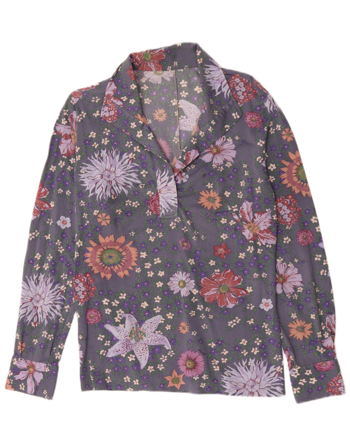 Vintage mujer manga larga pullover camisa Reino Unido 14 gris medio floral
