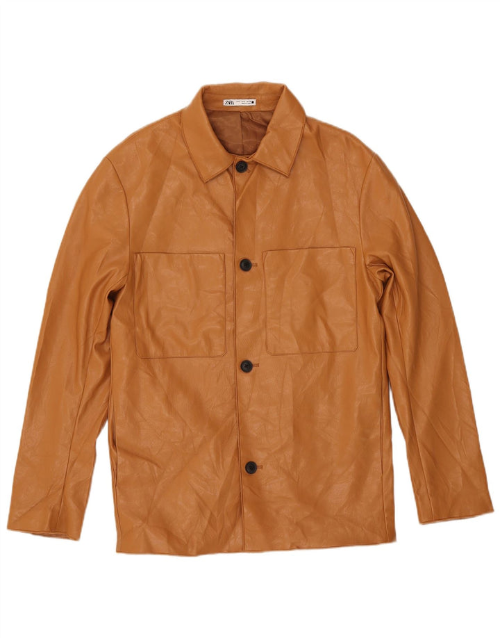 Zara Mens Chaqueta De Piel Sintética UK 36 Small Marrón Poliuretano