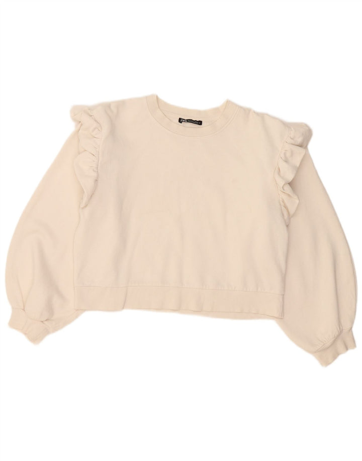 Zara Mujer Crop Oversize Sudadera Jumper UK 10 Small White Cotton