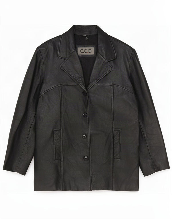 Vintage mujer 4 botones cuero Blazer chaqueta EU 42 grande negro