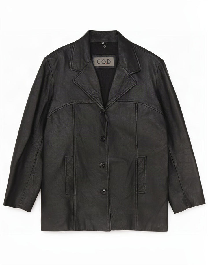 Vintage mujer 4 botones cuero Blazer chaqueta EU 42 grande negro