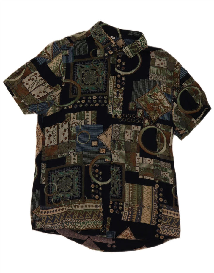 VINTAGE Camisa de manga corta para hombre Viscosa patchwork negra mediana