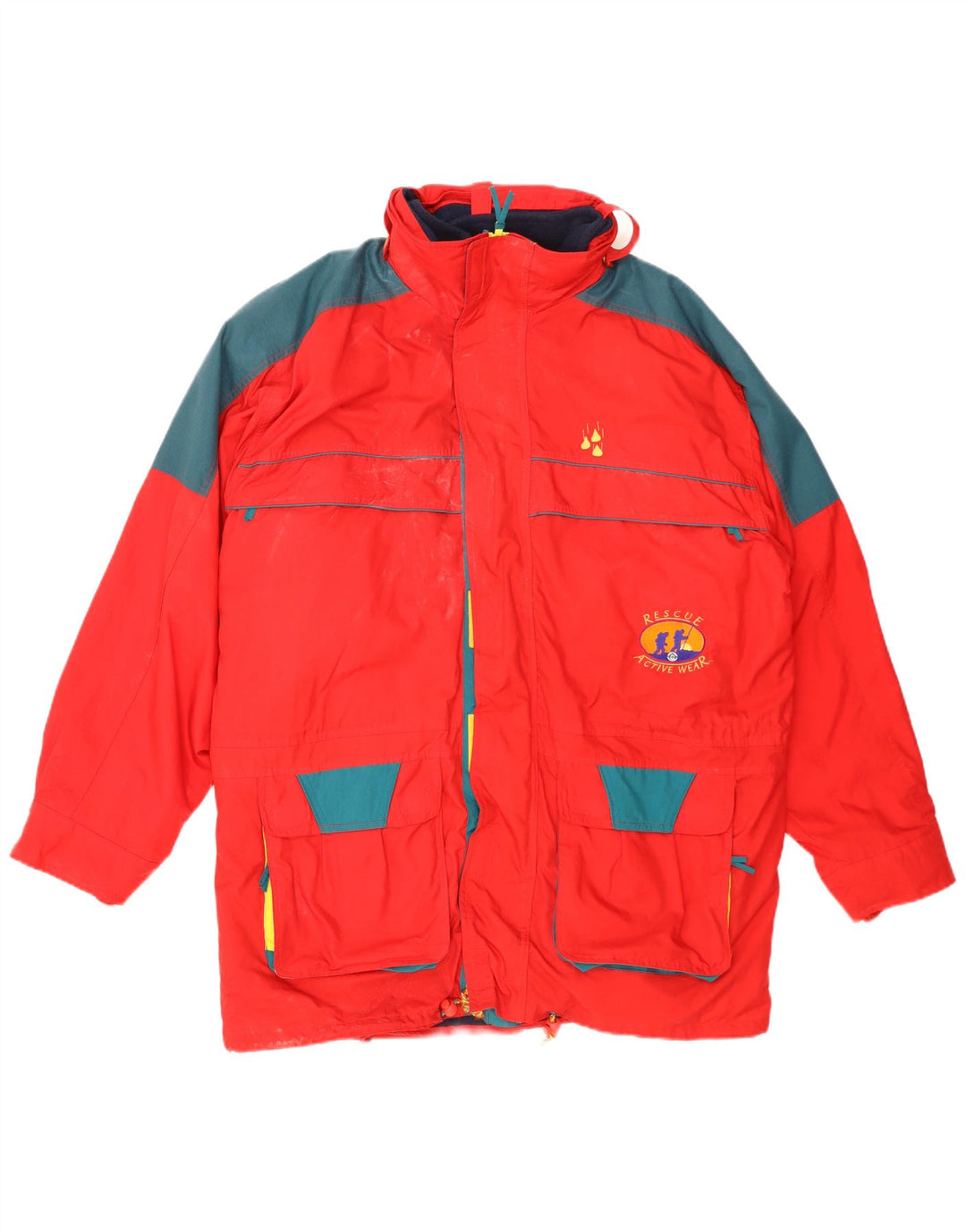 Vintage hombres chaqueta de esquí con capucha Reino Unido 42 XL rojo colorblock poliéster