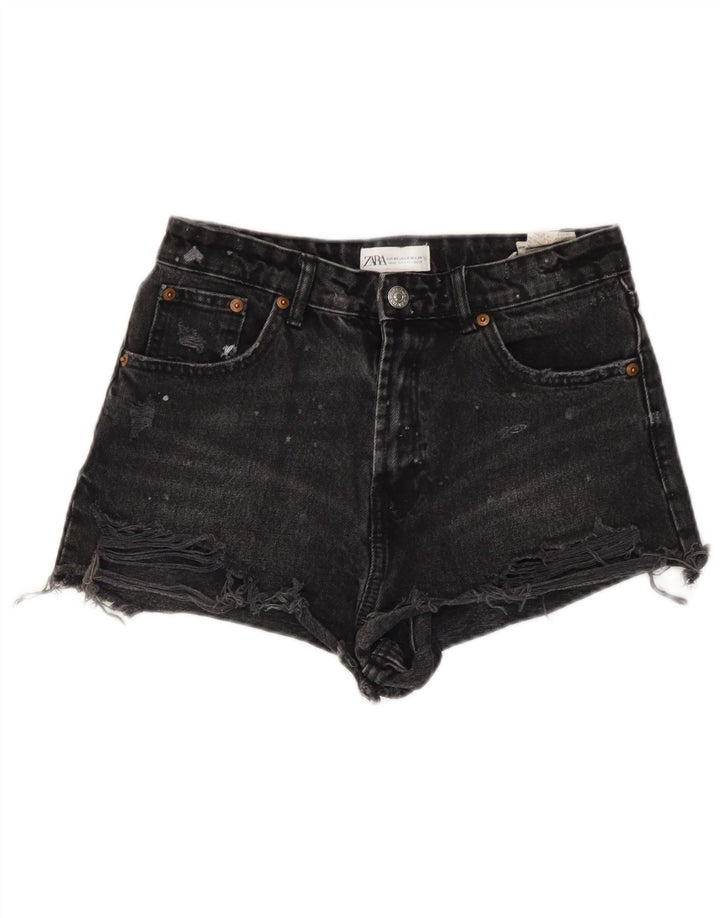 Zara Pantalones cortos de mezclilla desgastados para mujer EU 36 XS W26 Negro