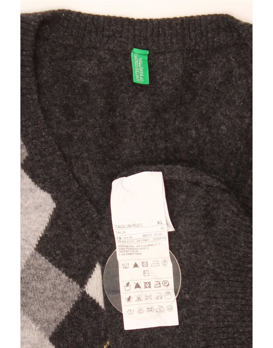 Benetton Jersey Con Cuello En V Hombre XL Gris Argyle/Lana Diamante