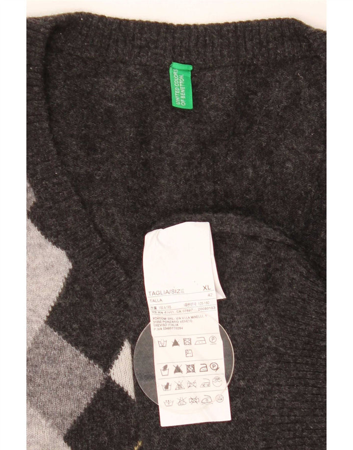 Benetton Jersey Con Cuello En V Hombre XL Gris Argyle/Lana Diamante