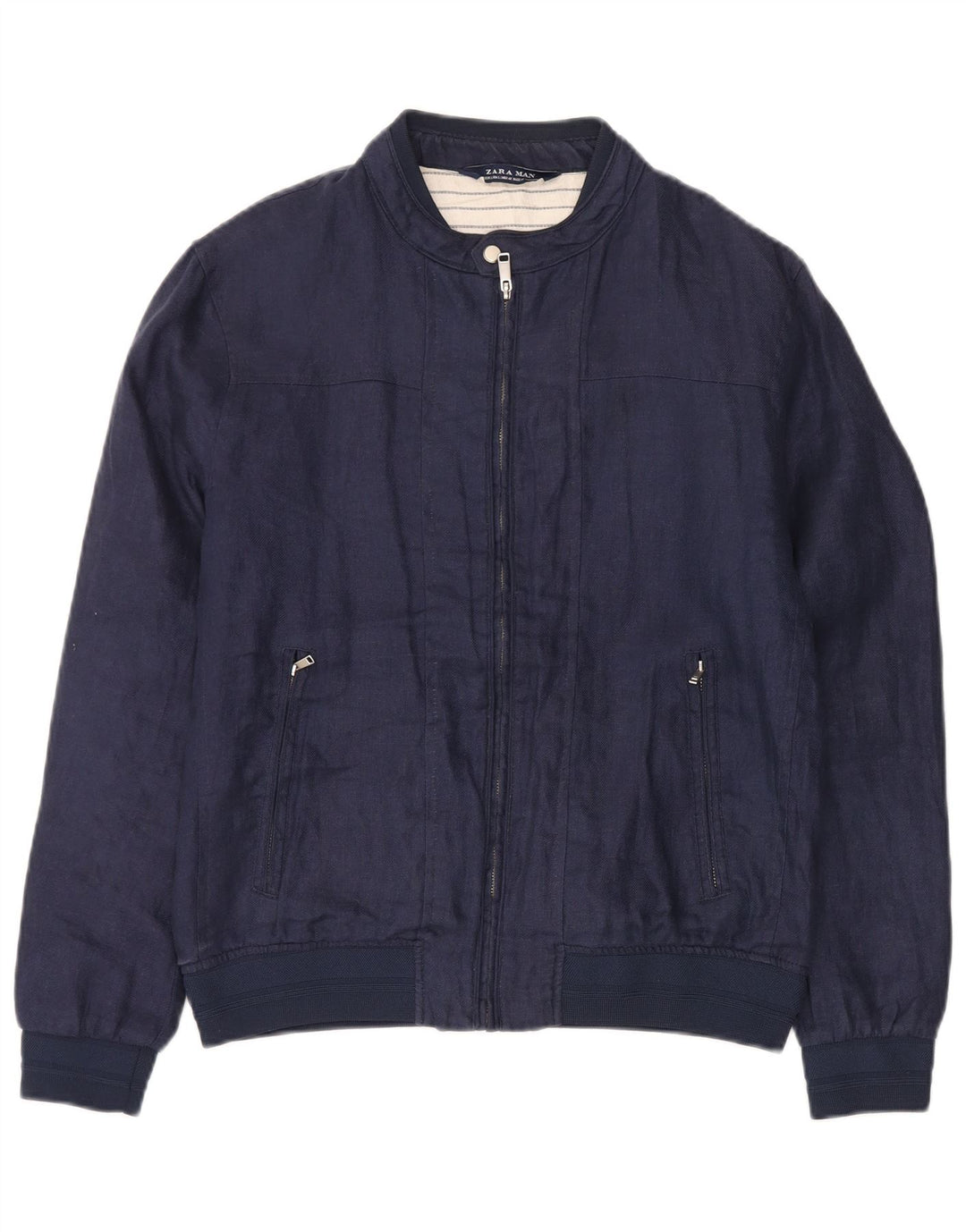 Zara Mens Bomber Jacket UK 40 Large Lino Azul Marino