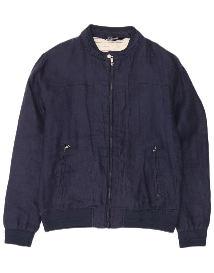 Zara Mens Bomber Jacket UK 40 Large Lino Azul Marino