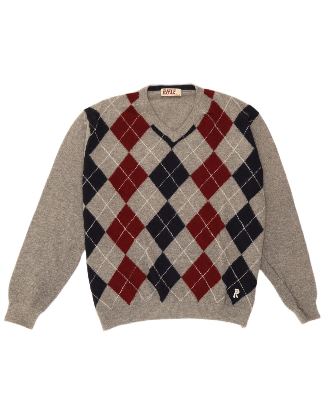 Rifle Jersey con Cuello en V para Hombre Suéter Grande Gris Argyle/Lana de Diamante