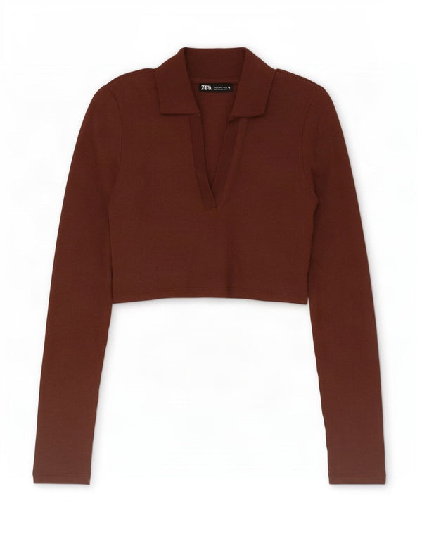 Zara Polo Corto De Manga Larga Para Mujer UK 8 Small Marrón Algodón