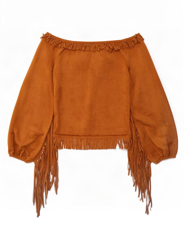 Vintage mujer crop off hombro top Reino Unido 12 poliéster marrón medio
