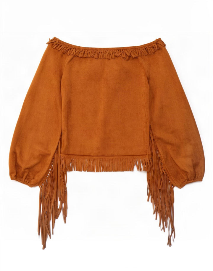 Vintage mujer crop off hombro top Reino Unido 12 poliéster marrón medio