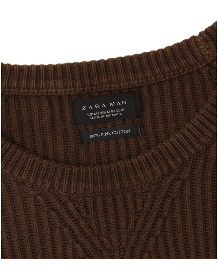 ZARA Hombre Jersey Cuello Barco Algodón Marrón Medio