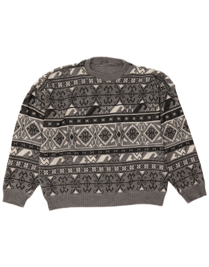 Vintage hombres cuello redondo jersey suéter grande gris feria isla