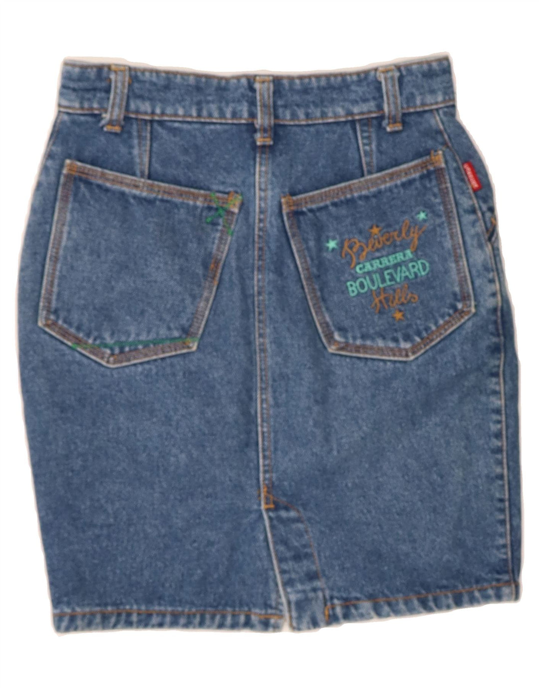 CARRERA Womens Graphic Denim Skirt W26 Small  Blue Cotton Vintage Carrera and Second-Hand Carrera from Messina Hembry 