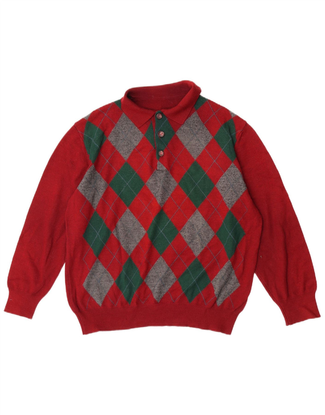VINTAGE Hombres Polo Cuello Jersey Suéter Grande Rojo Argyle/Diamante