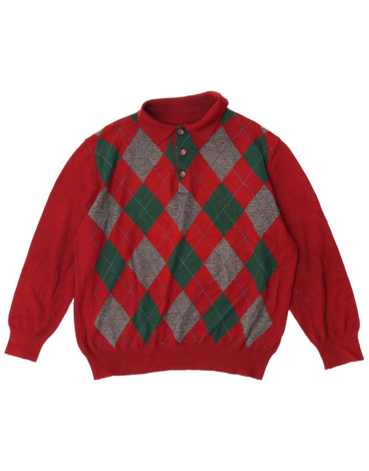 VINTAGE Hombres Polo Cuello Jersey Suéter Grande Rojo Argyle/Diamante