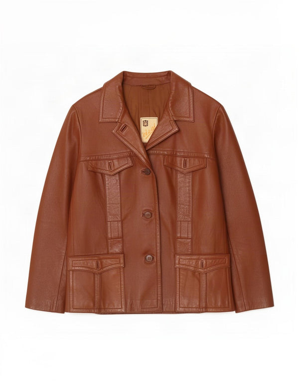 Vintage mujer 3 botones chaqueta de cuero Reino Unido 8 pequeño marrón