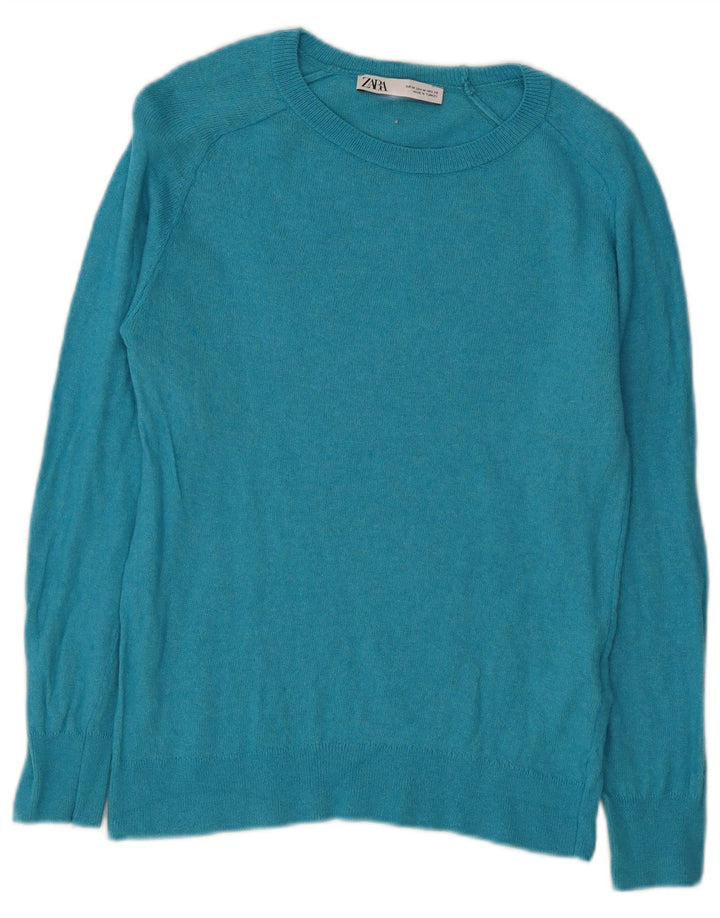Zara - Jersey de cuello redondo para mujer, talla 42, talla mediana, color turquesa, poliamida