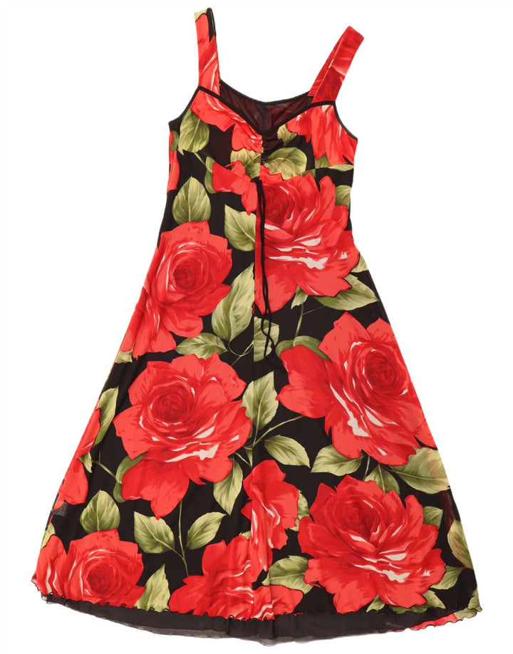 VINTAGE Vestido maxi sin mangas para mujer Reino Unido 12 Poliamida floral negra mediana