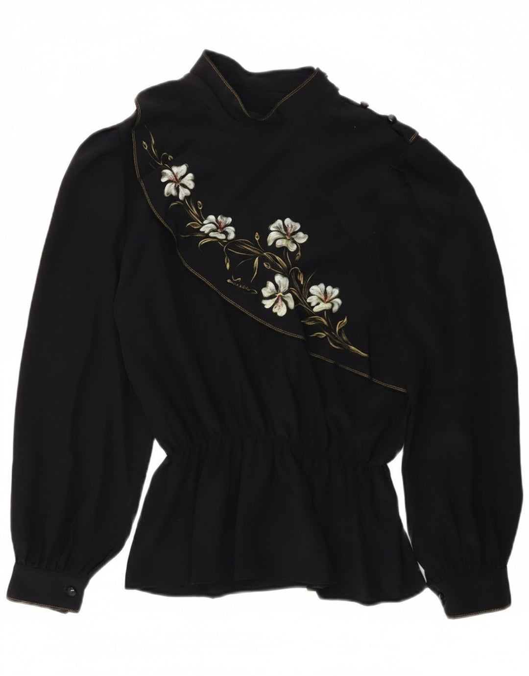 Vintage mujer manga larga blusa Top Reino Unido 14 medio azul marino floral