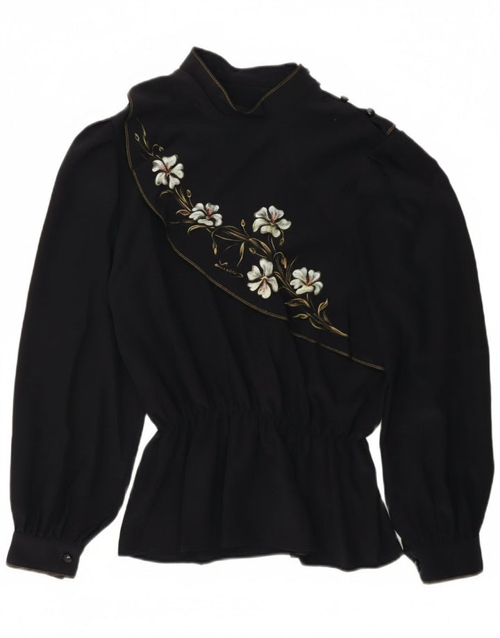 Vintage mujer manga larga blusa Top Reino Unido 14 medio azul marino floral