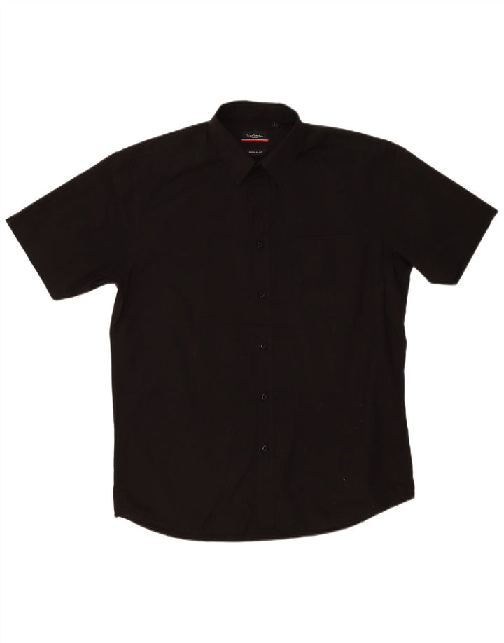 Pierre Cardin Camisa de manga corta para hombre con corte regular y poliéster negro grande