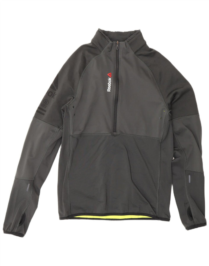 REEBOK Hombre Gráfico Zip Cuello Jersey Chándal Top Pequeño Poliéster Gris
