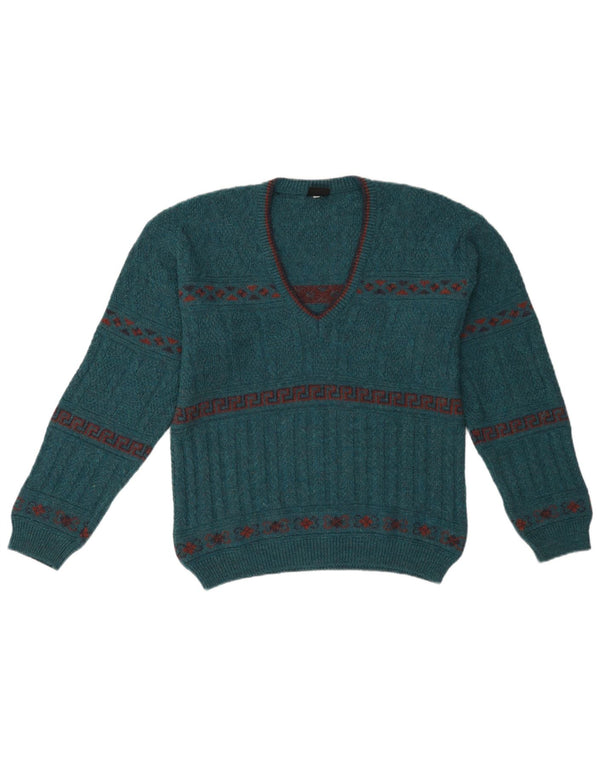Vintage hombres V-cuello jumper suéter IT 46 pequeño verde geométrico acrílico