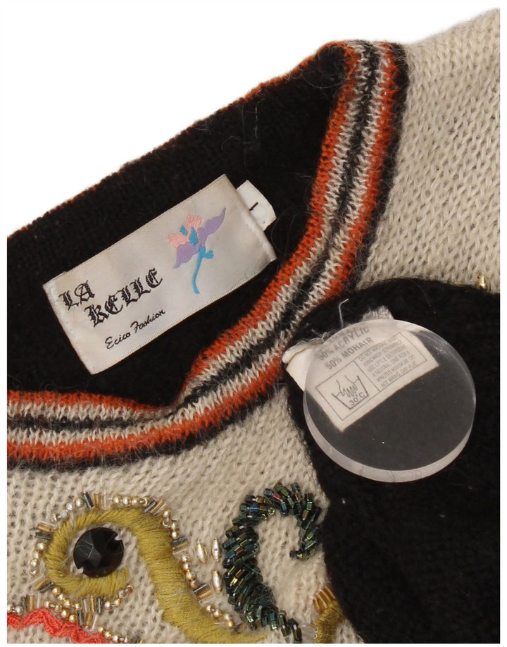 Vintage mujer cuello redondo jersey suéter Reino Unido 14 medio negro geométrico