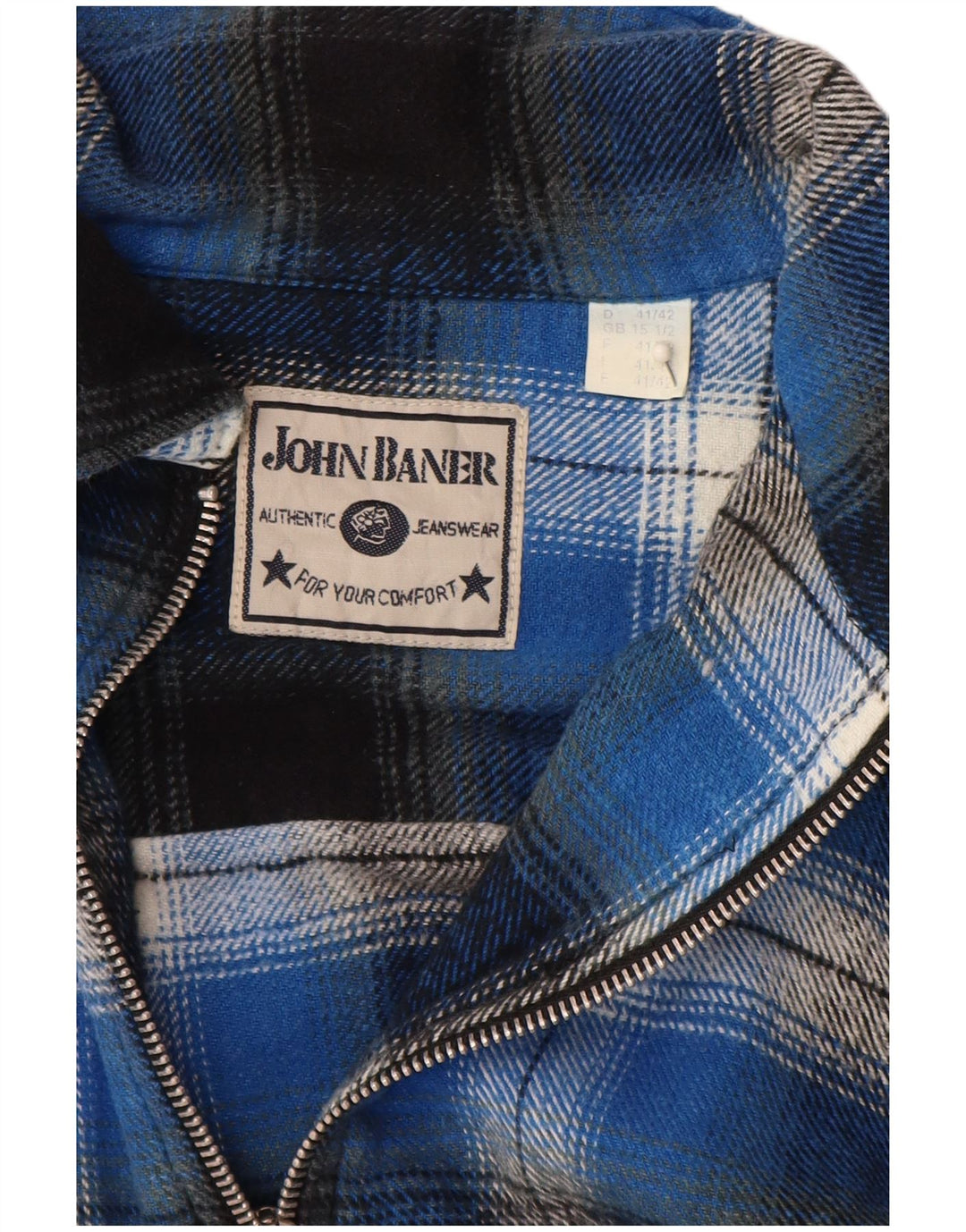 John Baner Camisa de franela para hombre Talla 15 1/2 Algodón a cuadros azul mediano