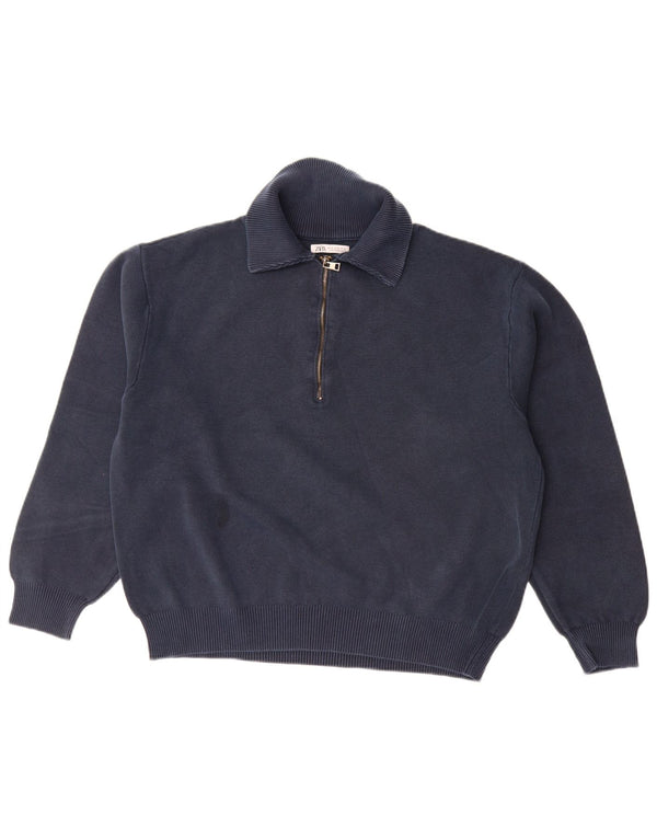 Zara Hombre Loose Fit Polo Neck Jumper Sweater Medio Azul Marino Algodón