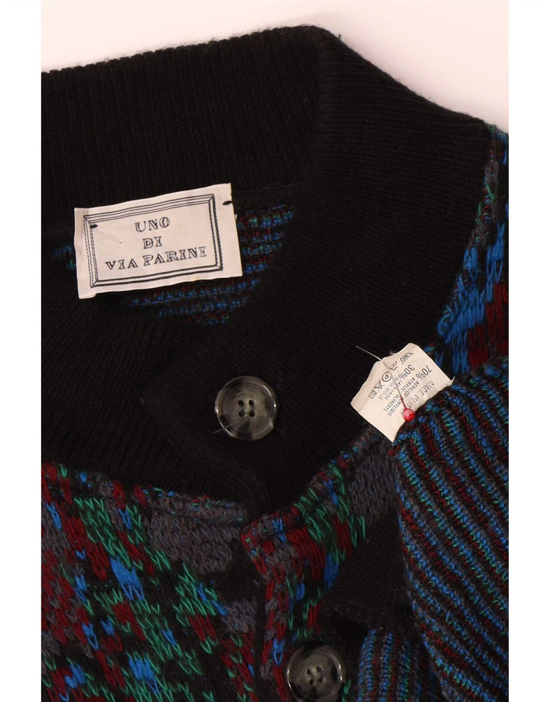 Vintage hombres patrón abstracto cardigan suéter medio lana multicolor