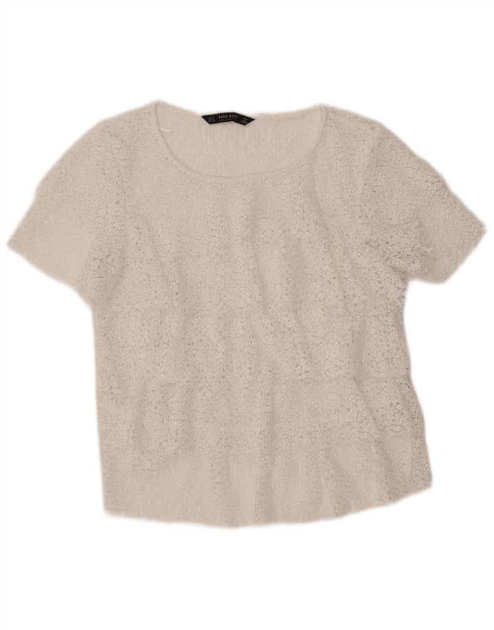 ZARA Mujer Blusa Corta Top UK 40 Mediano Blanco Floral